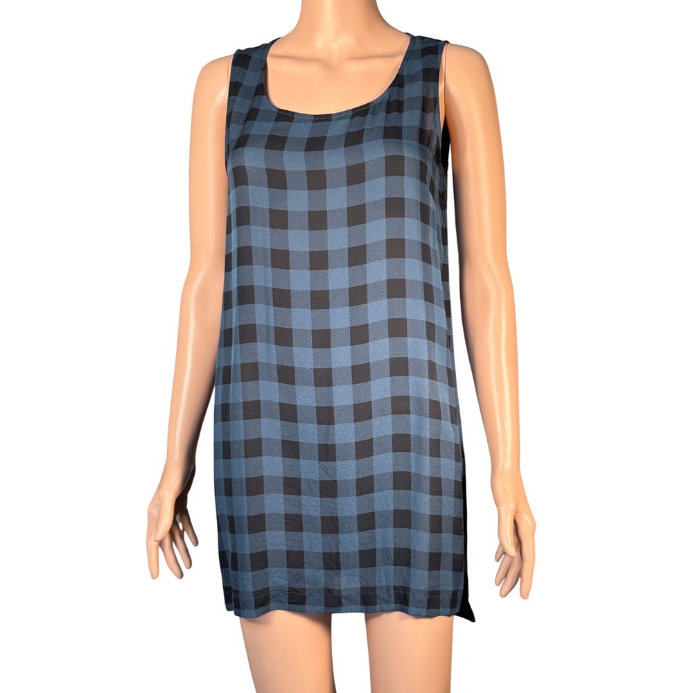 Eileen Fisher Blue Black Plaid Silk Sleeveless High Low Tunic Dress Womens PM